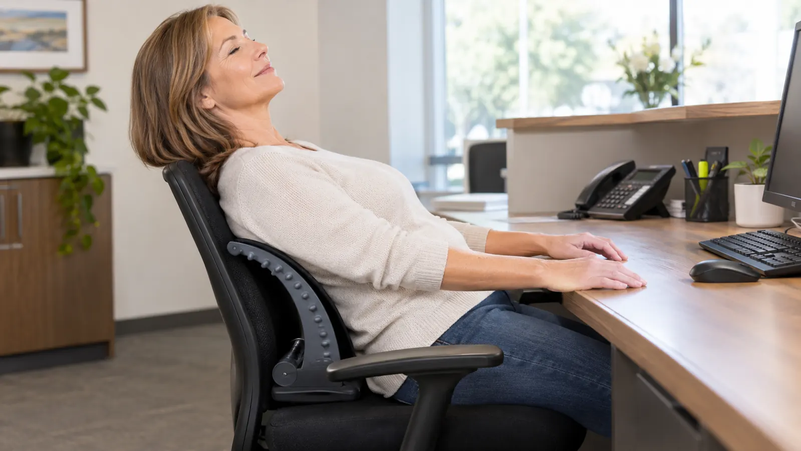 A woman in her fifties leans back over the ChiFit back stretcher in a desk chair, hands free.