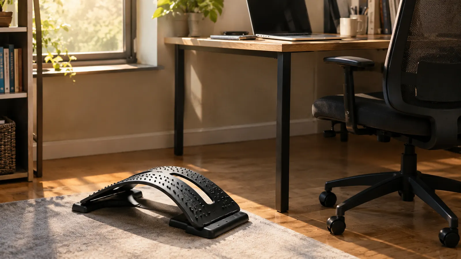A back stretcher rests on the floor beside a desk chair in a quiet home office.