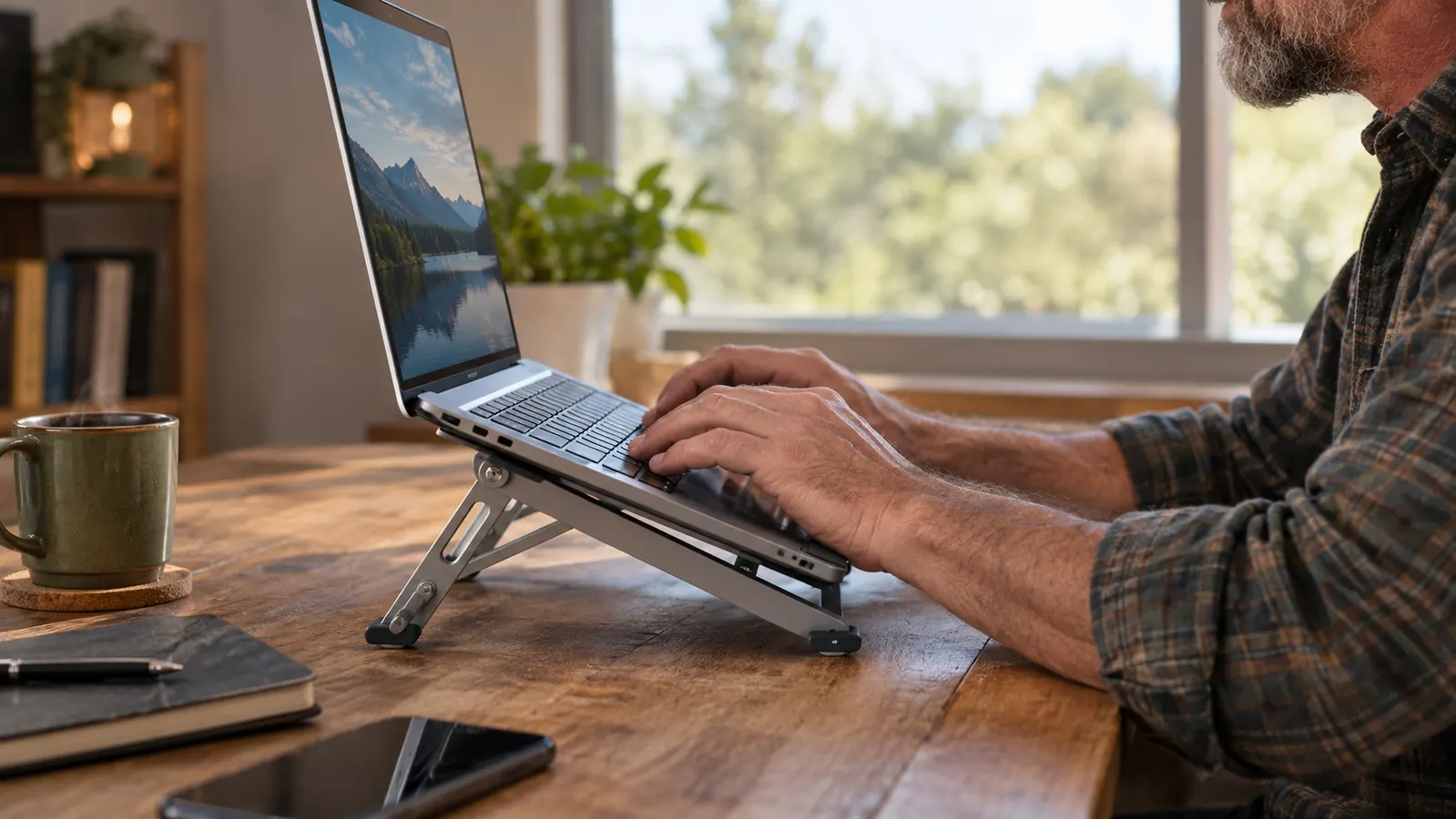 Hands typing on a laptop keyboard while the laptop sits on a foldable stand