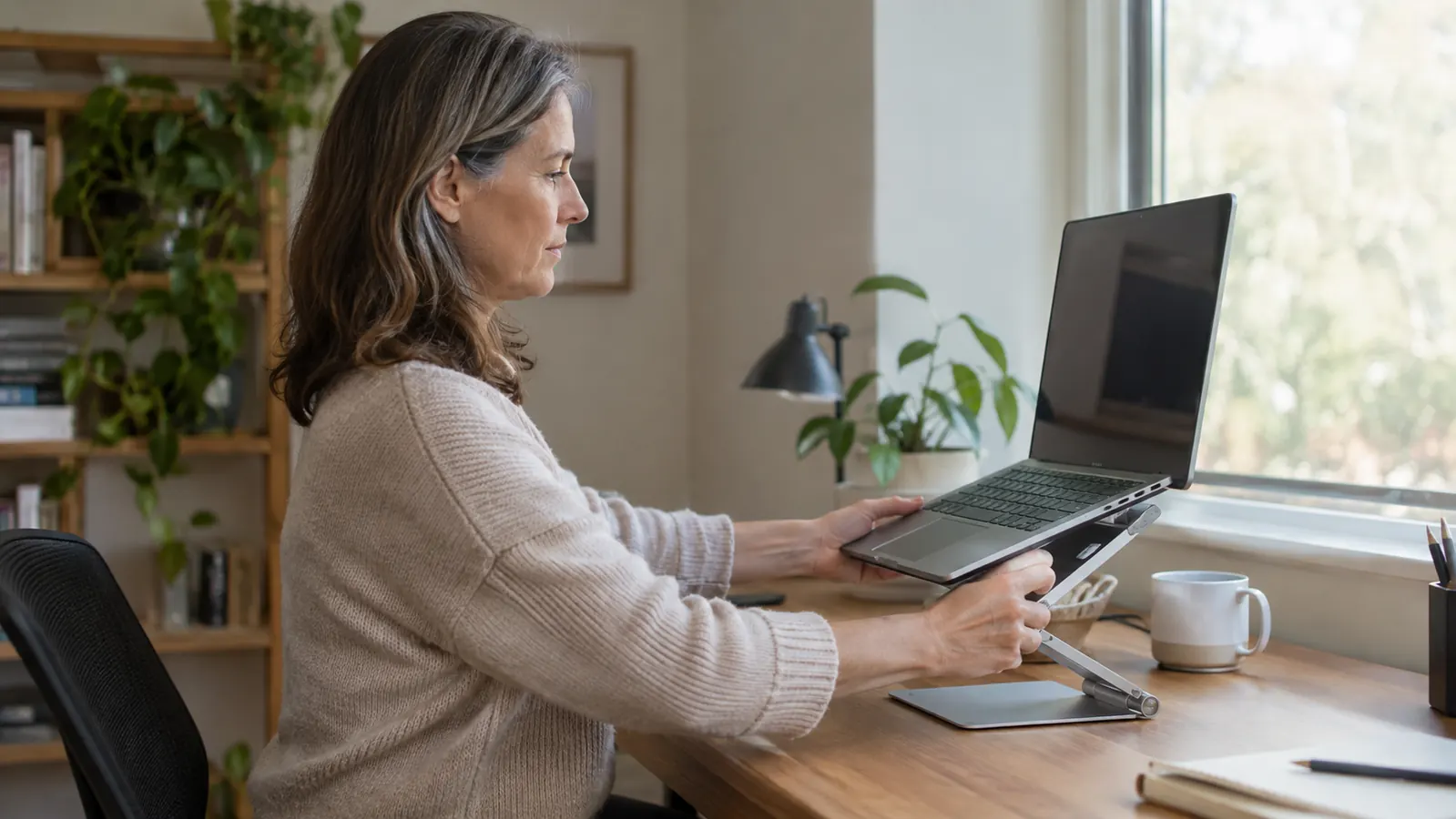 A woman in her fifties adjusting the height of a laptop stand at a desk