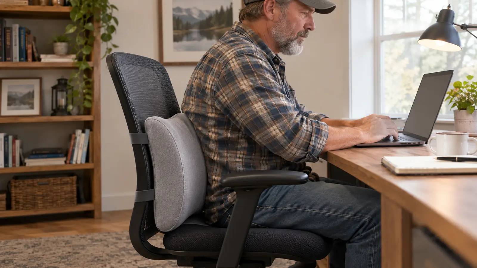 A lumbar support pillow strapped to an office chair with elastic straps, seen at a home desk