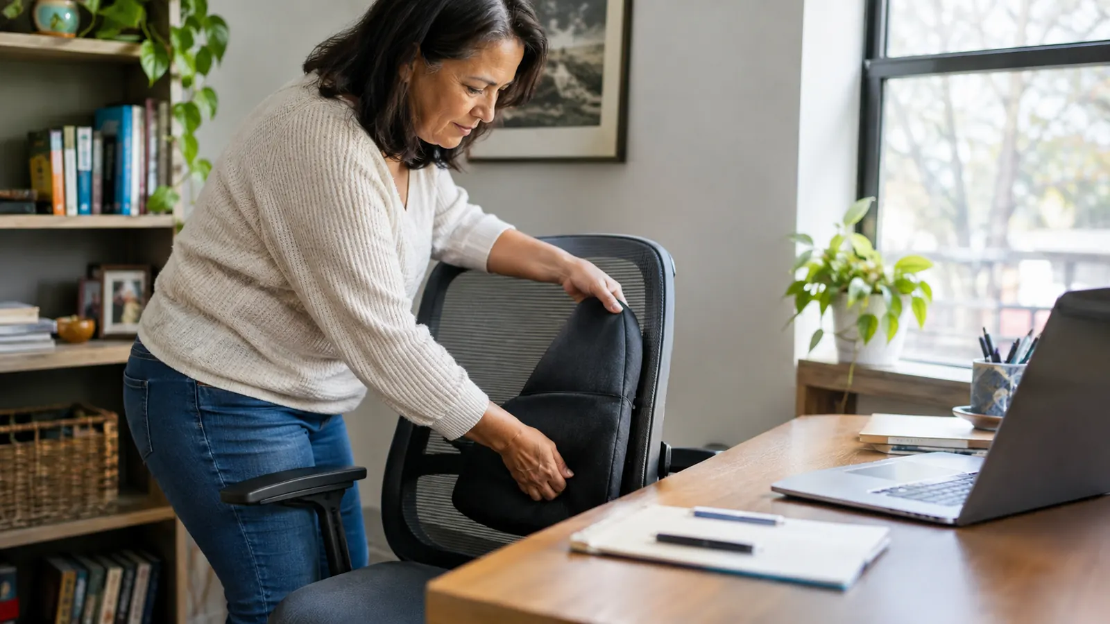 A woman in her fifties adjusting a lumbar support pillow in her office chair before sitting down