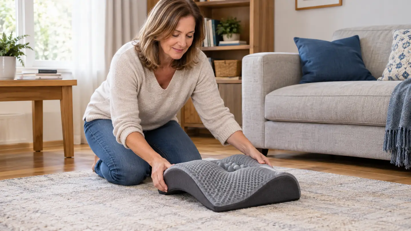 A woman in her fifties placing a neck stretcher on a rug before lying down