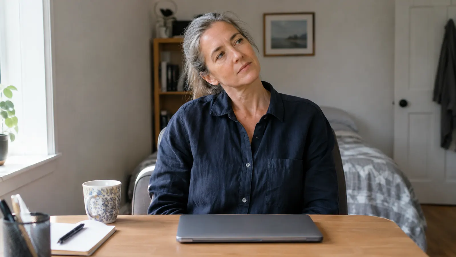 A woman in her fifties at a small desk, tilting her head side to side to stretch her neck between tasks