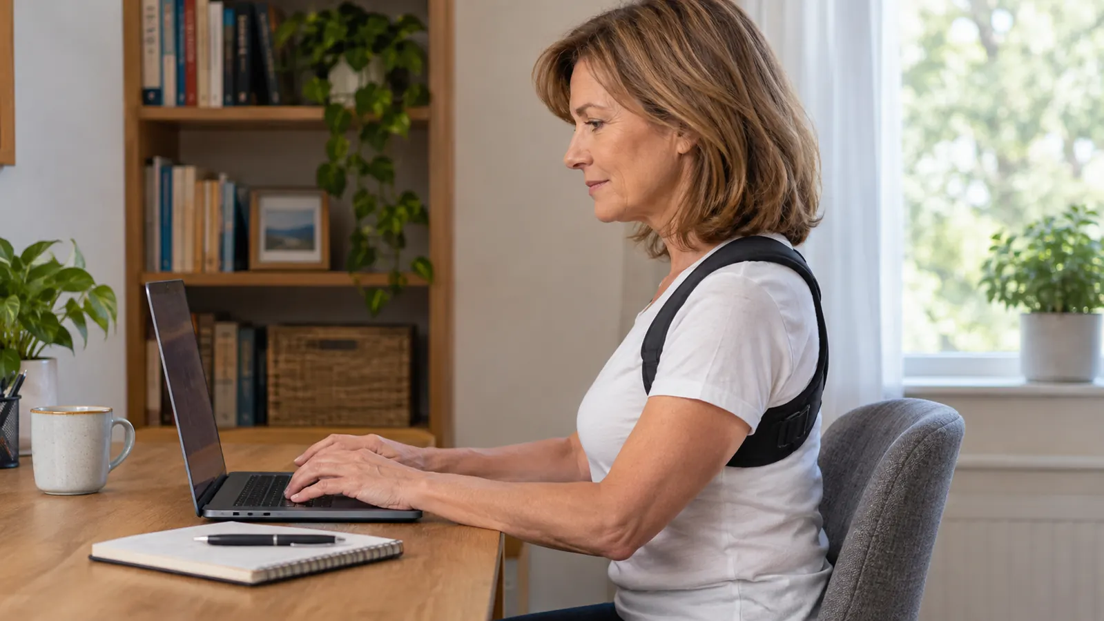 Woman in her fifties wearing a posture corrector while working at a desk