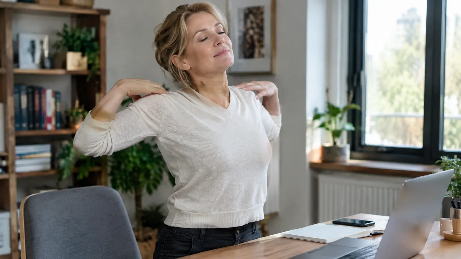 Woman in her fifties rolling her shoulders while standing by a desk