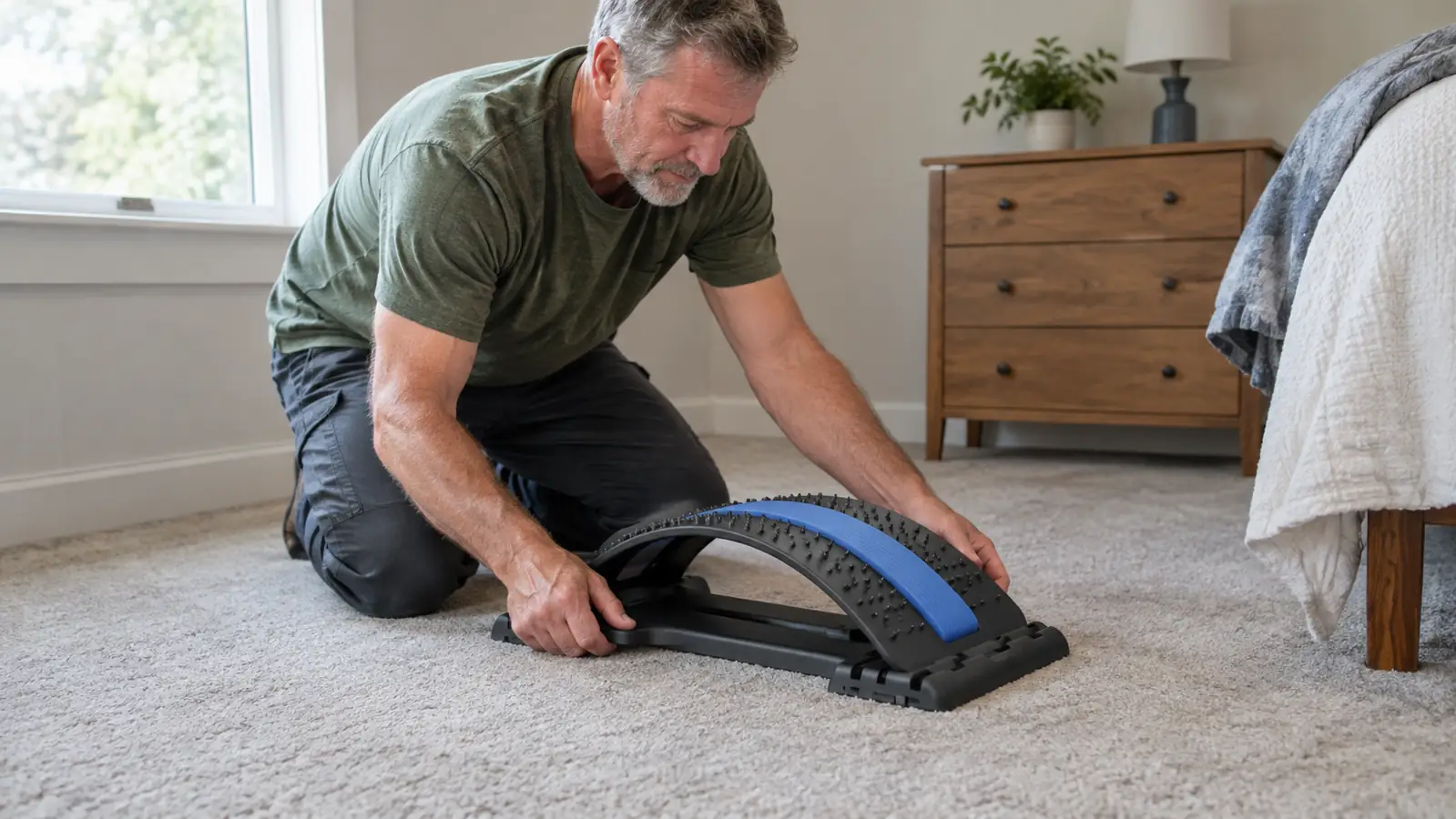 A close view of the back stretcher placed on a carpeted floor, ready for an evening stretch