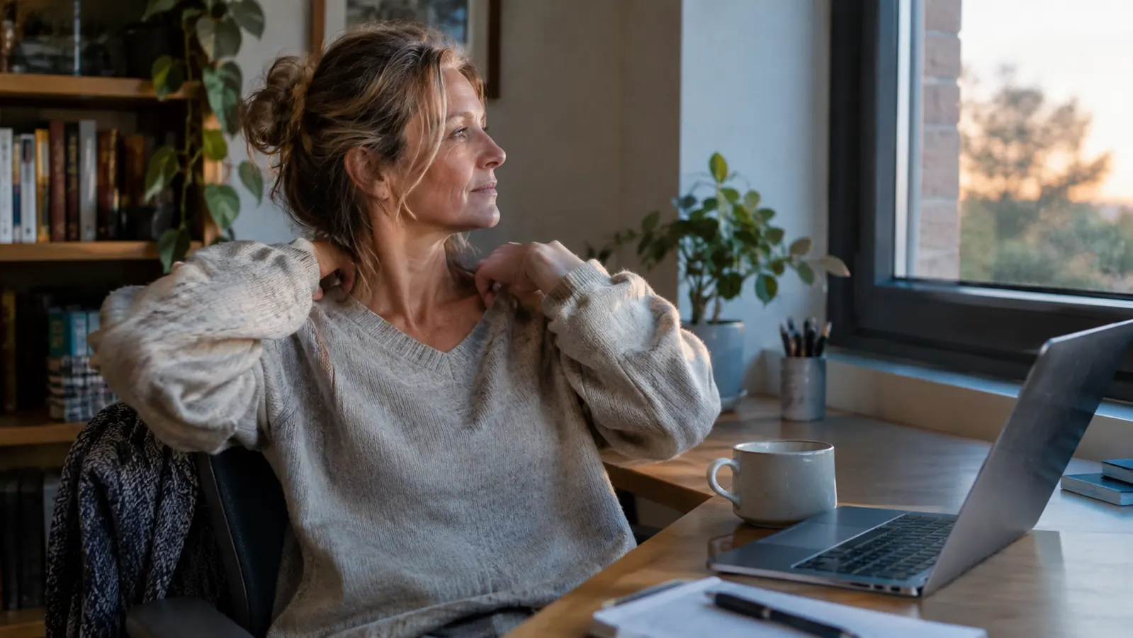 A woman in her fifties sitting at a small desk in a spare bedroom, rolling her shoulders and looking out a window in the late afternoon
