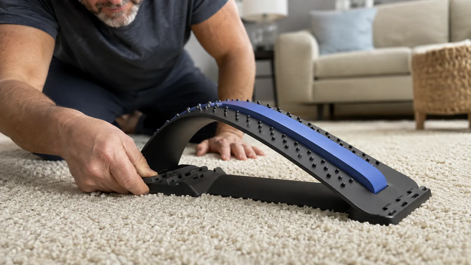 A close view of a back stretcher on a carpeted floor, a woman's hand adjusting the arch settings, gentle daylight