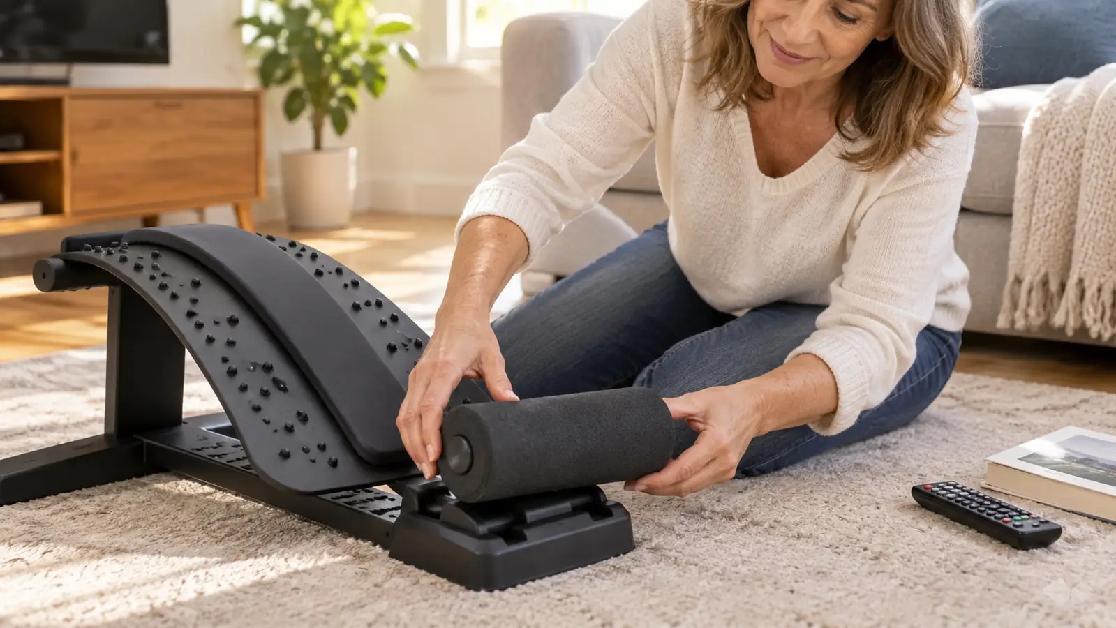Woman's hands adjusting the padding on a back stretching device on a living room floor