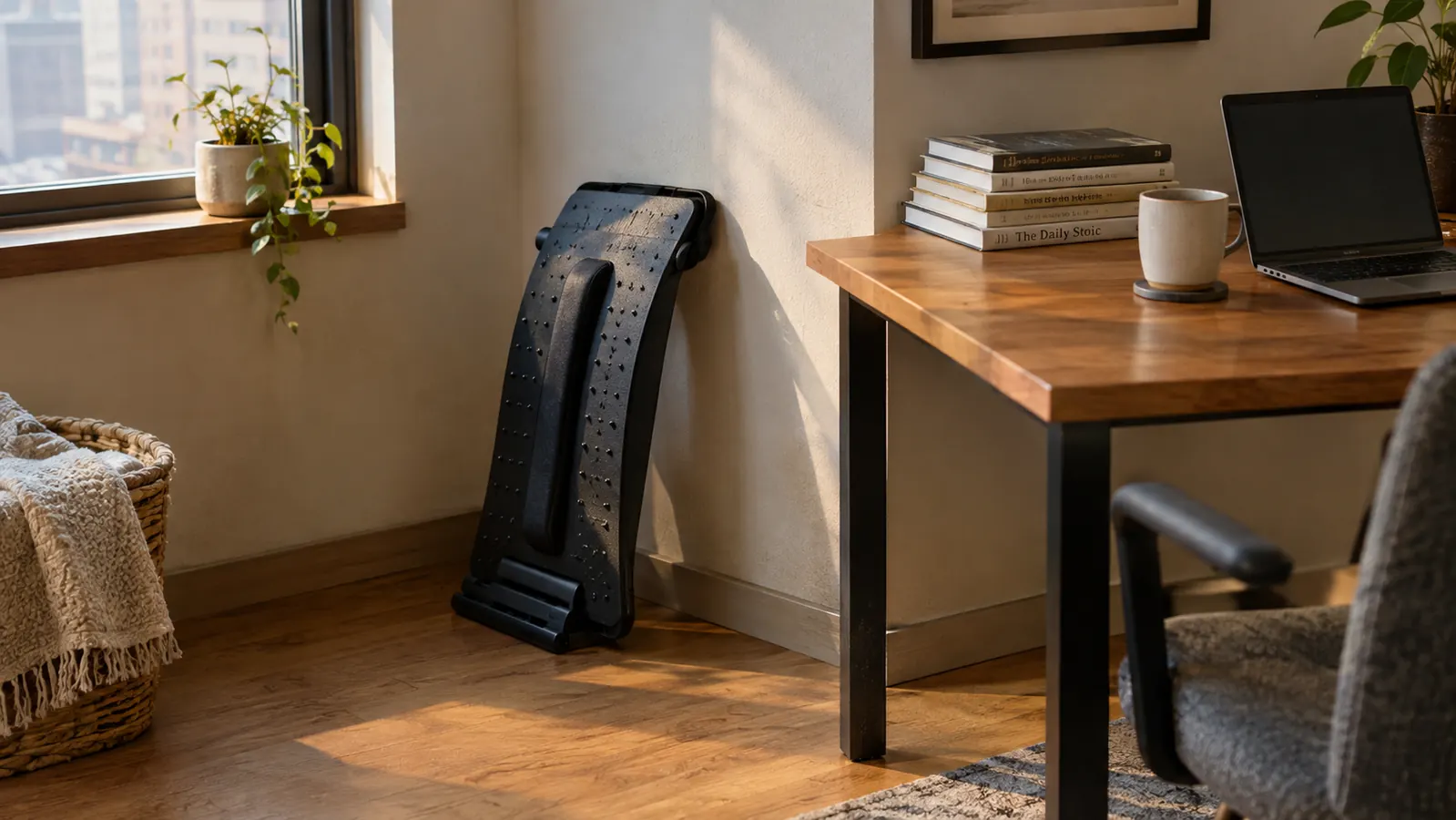 Back stretching device leaning against a wall beside a home office desk