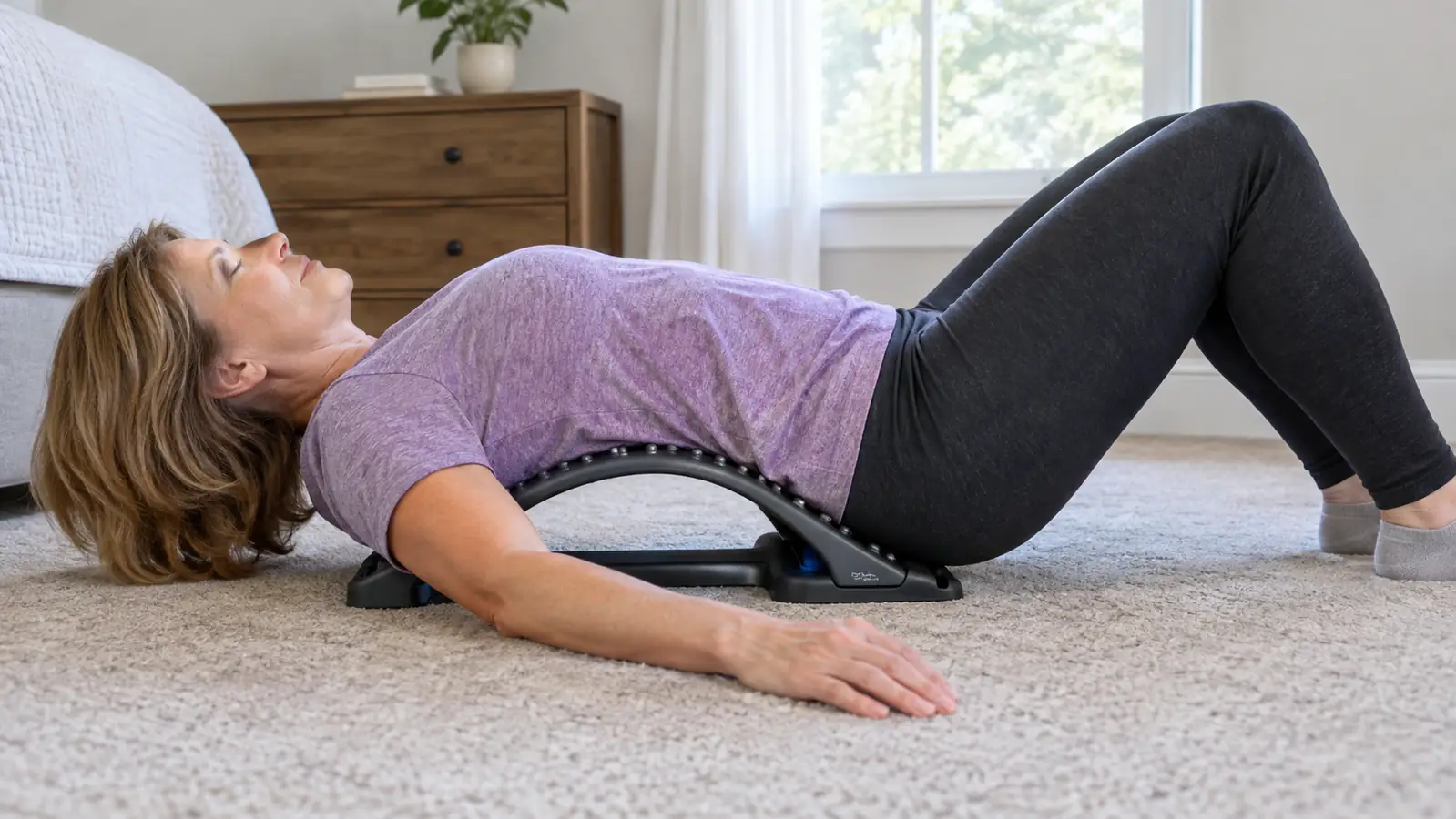 A woman in her fifties lying on a back stretcher on a carpeted floor, knees bent, arms relaxed