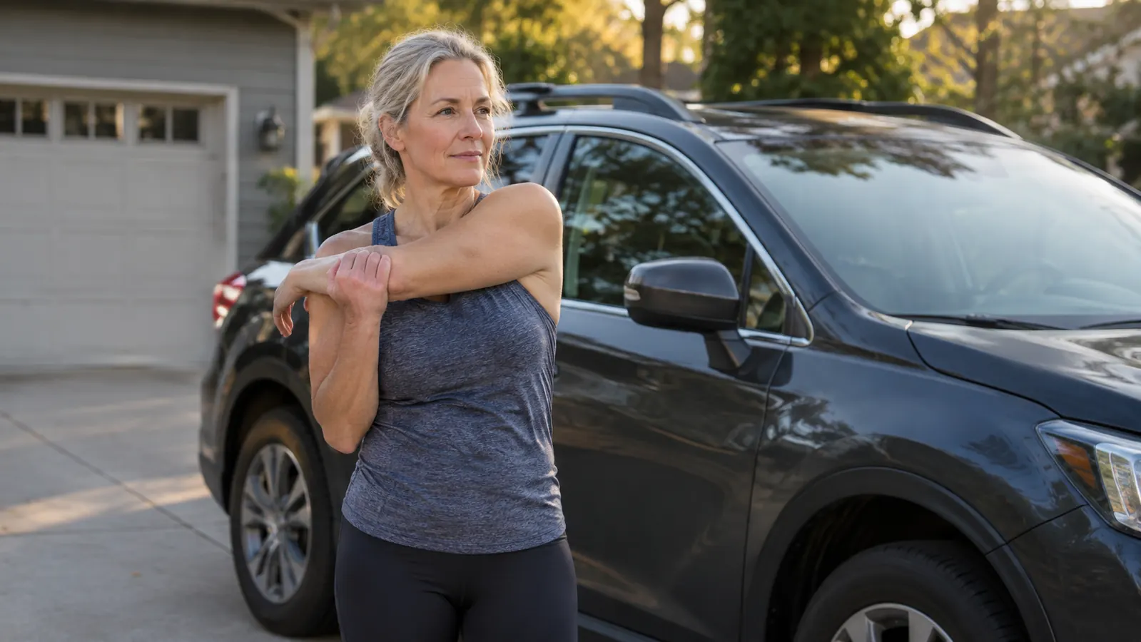 A woman in her fifties standing beside a compact SUV, stretching her back before a drive