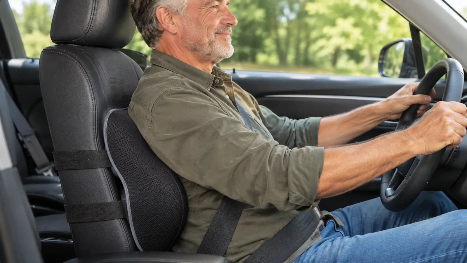 A lumbar support pillow with a mesh cover strapped to the seat of a car, viewed from the side