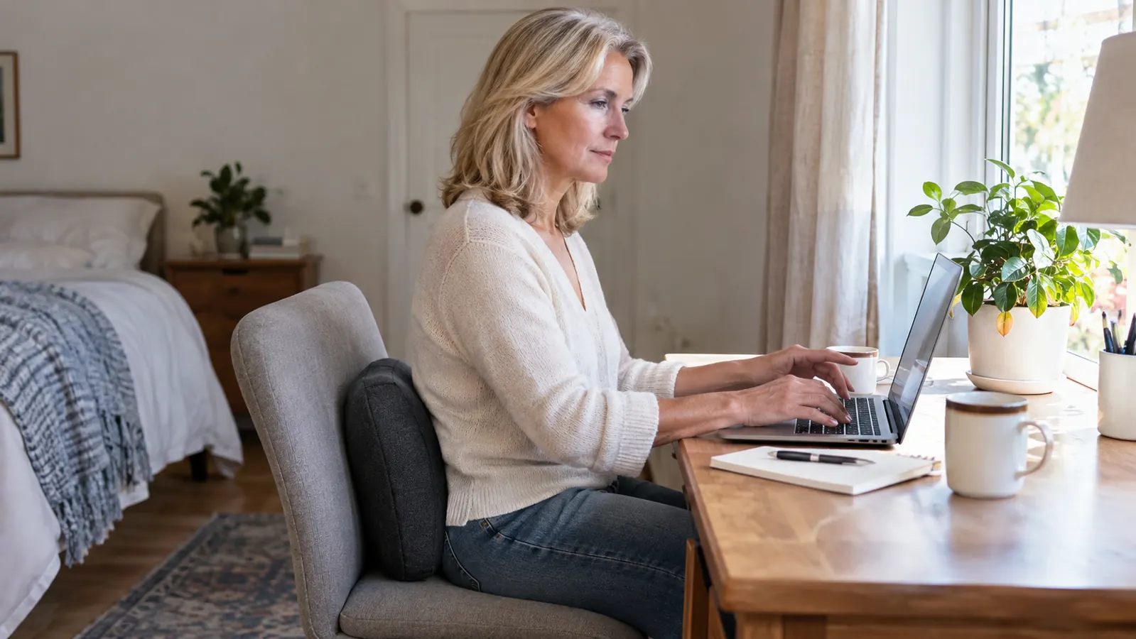 A woman in her fifties sitting at a small desk in a spare bedroom, a lumbar support pillow on the chair behind her back