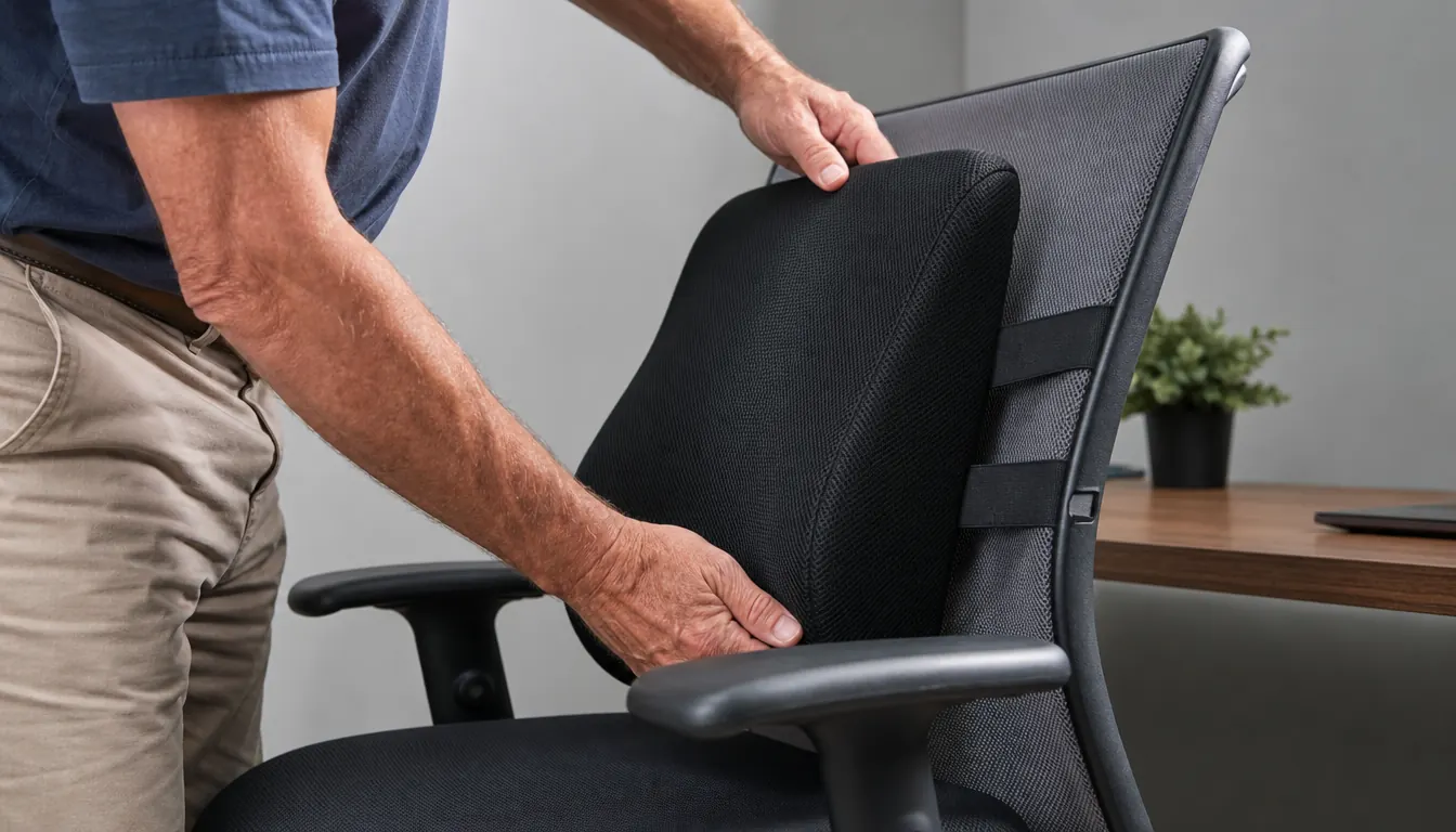 A lumbar support pillow strapped to an office chair with elastic straps, viewed from the side