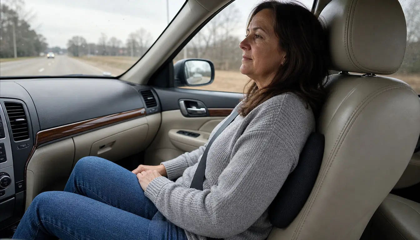 A woman in her fifties sitting in the passenger seat of a car with a lumbar support pillow behind her lower back