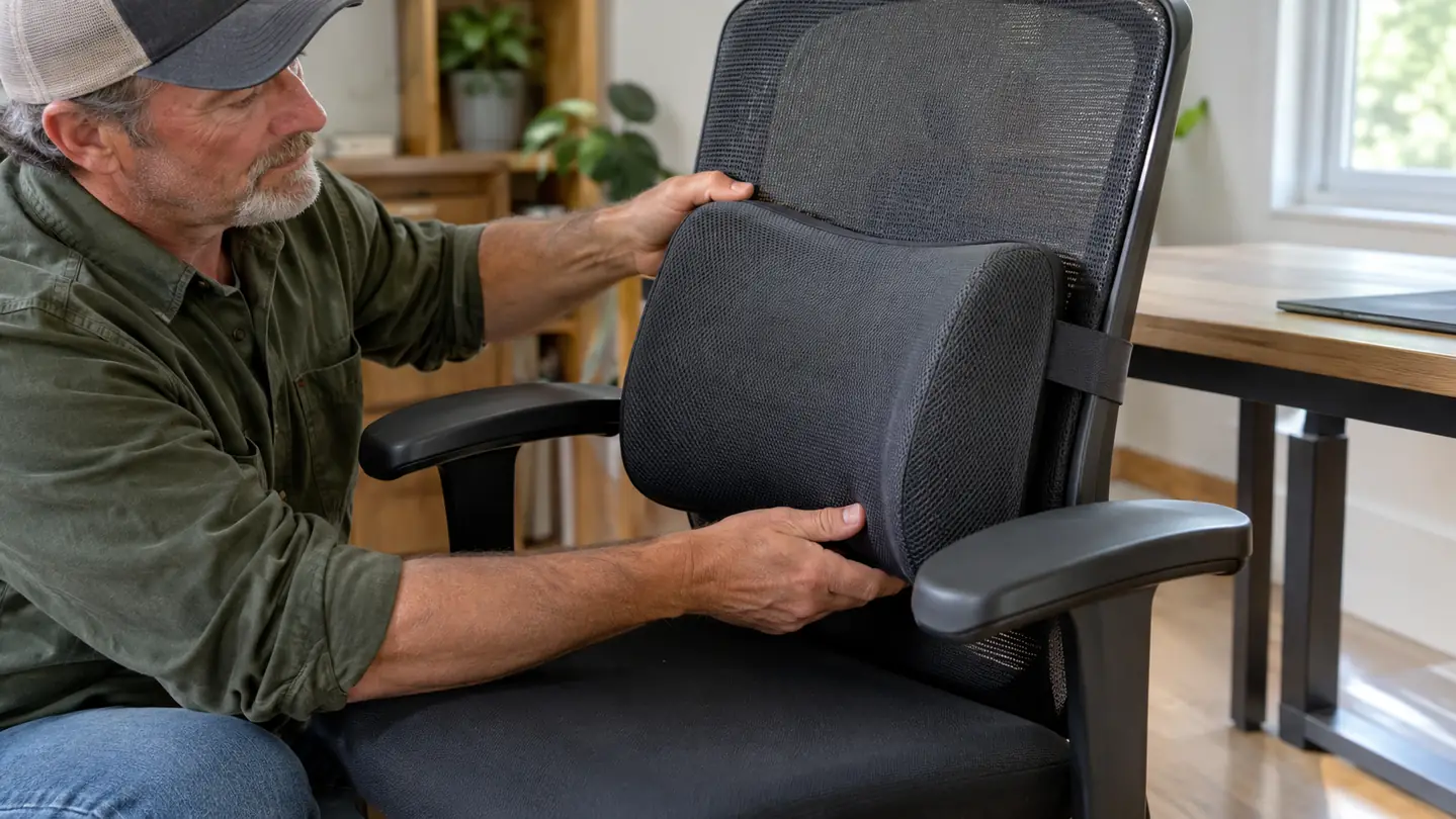 A hand adjusting a lumbar support pillow on an office chair before sitting down, the pillow fitted to the curve of the chair back