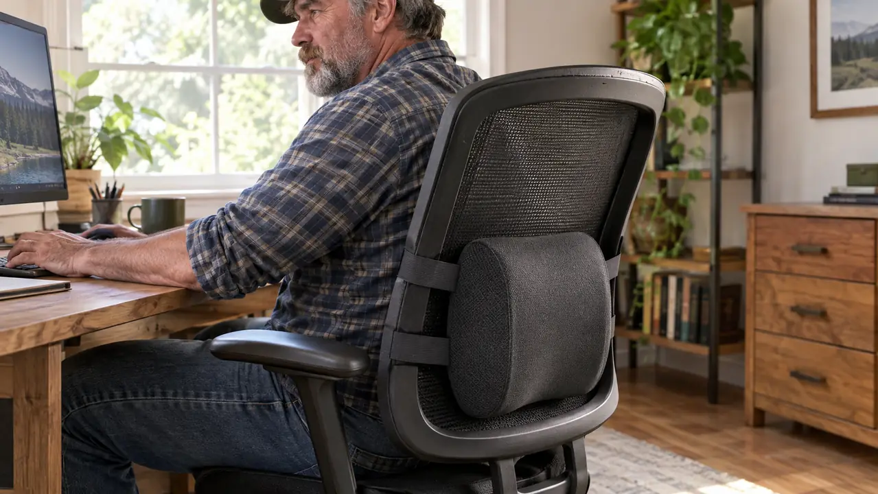 A lumbar support pillow with two straps attached to the backrest of an office chair in a home office