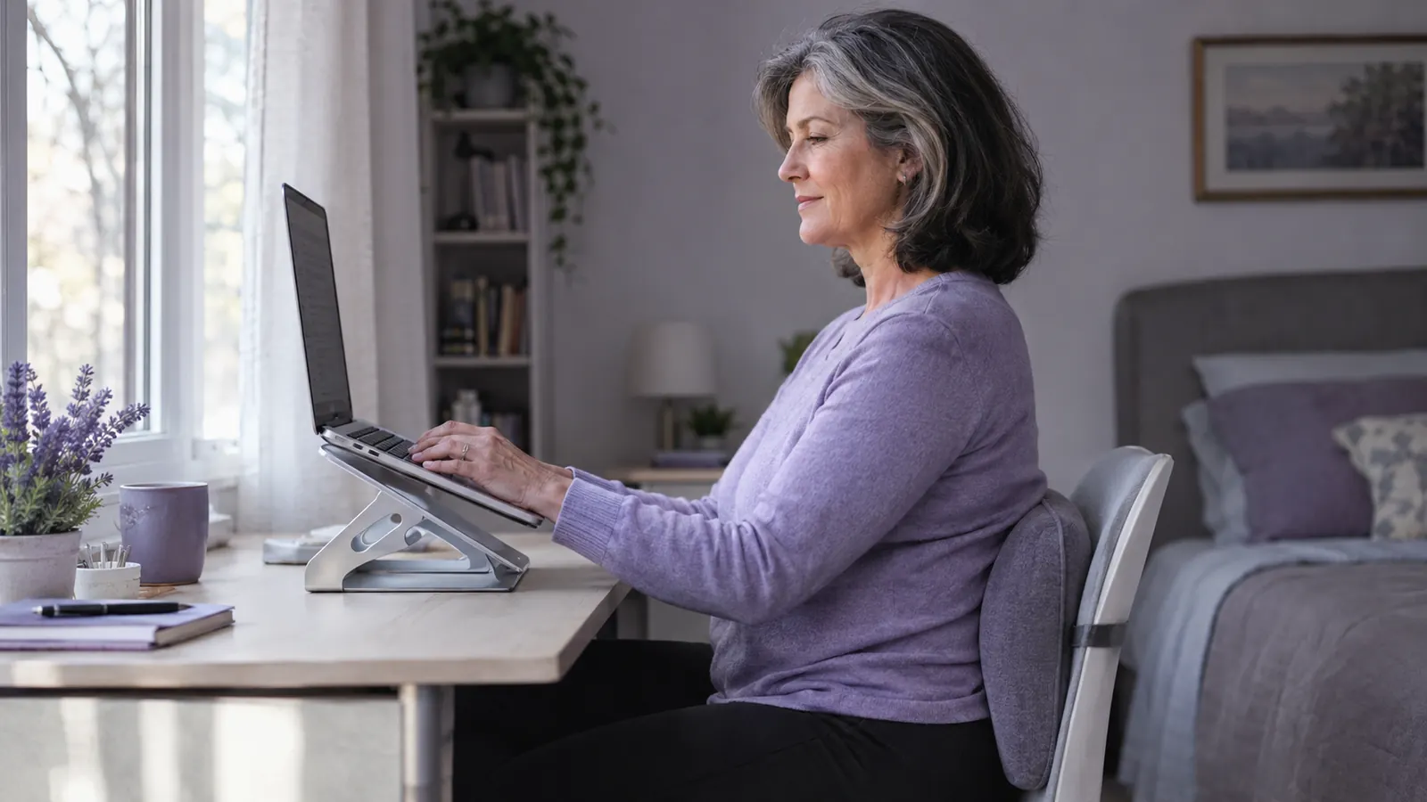 A woman in her fifties sitting tall at a small home desk with a laptop raised to eye level and a lumbar pillow behind her back