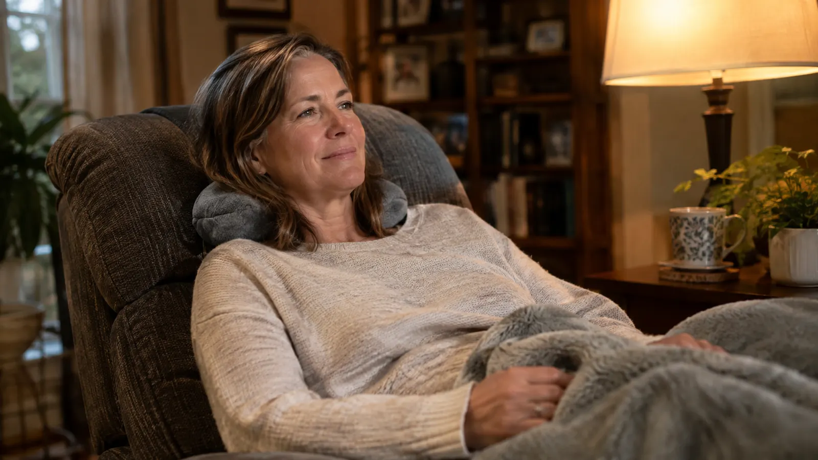Woman in her fifties settling into a recliner with a small neck support, evening light in a cozy living room