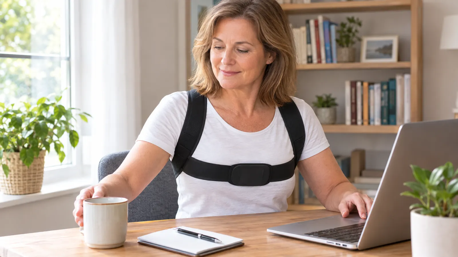 A woman in her fifties wearing the posture corrector over a shirt, reaching for a coffee mug on her desk