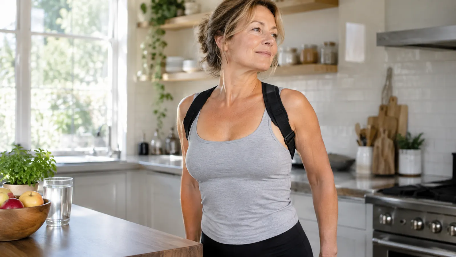 A woman in her fifties standing beside a kitchen counter, gently rolling her shoulders back while wearing the posture corrector