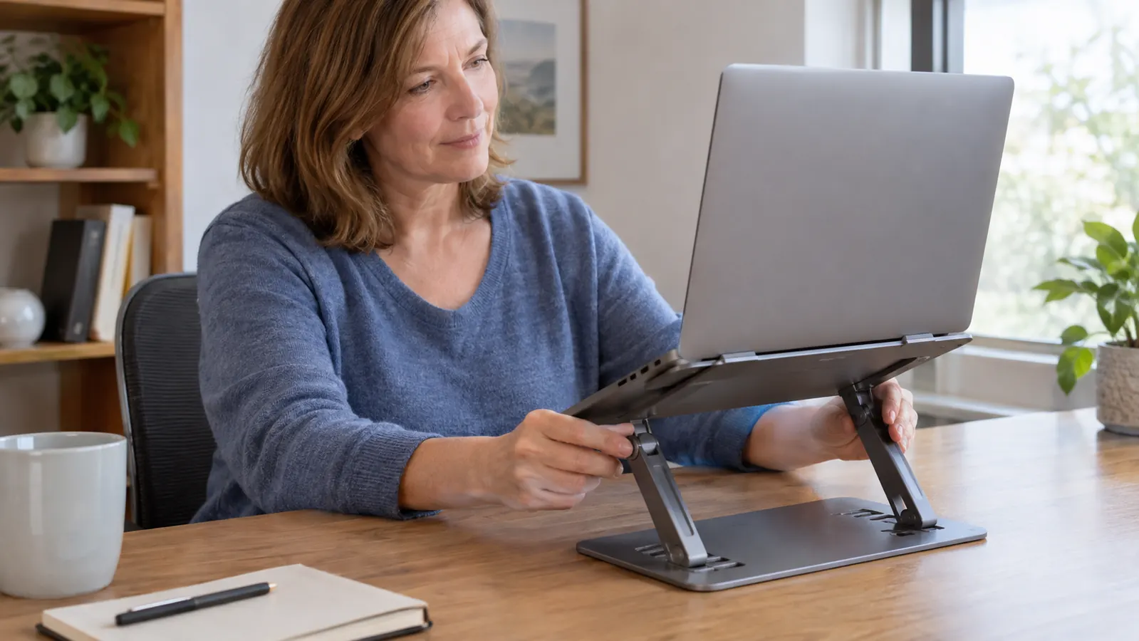 A woman in her fifties adjusting the height of a laptop stand on a desk, laptop resting on the stand