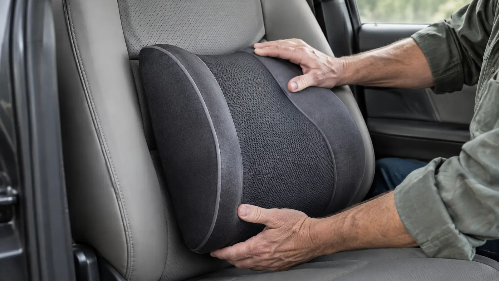 A lumbar support pillow held against the lower back of a car seat, with the contour facing forward