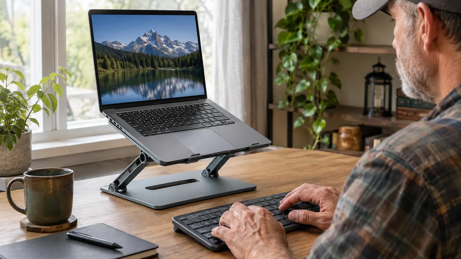 Laptop raised on the Nulaxy adjustable stand at eye level on a home desk with a separate keyboard