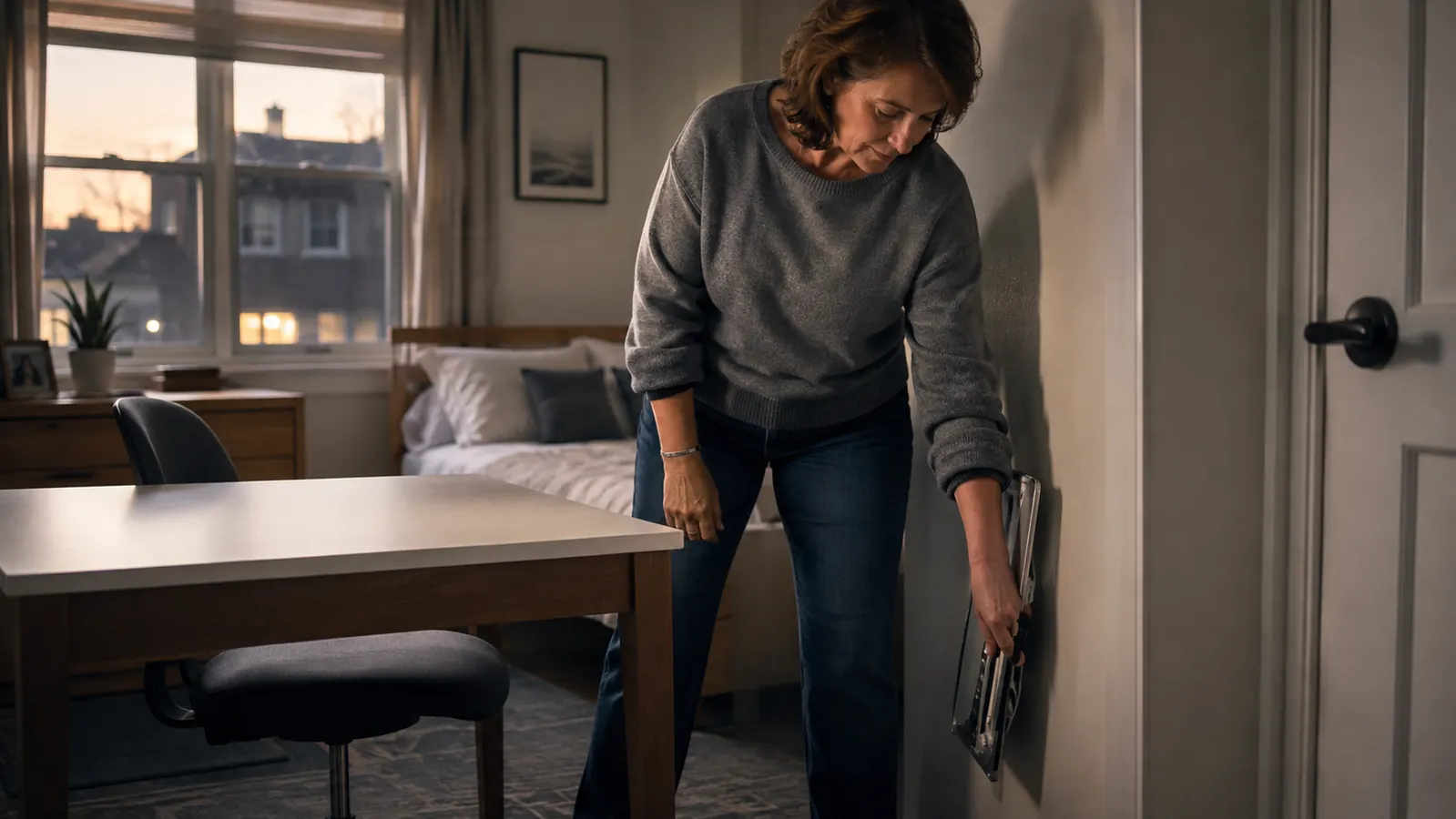 Woman in her fifties folding a laptop stand flat and setting it aside beside her desk