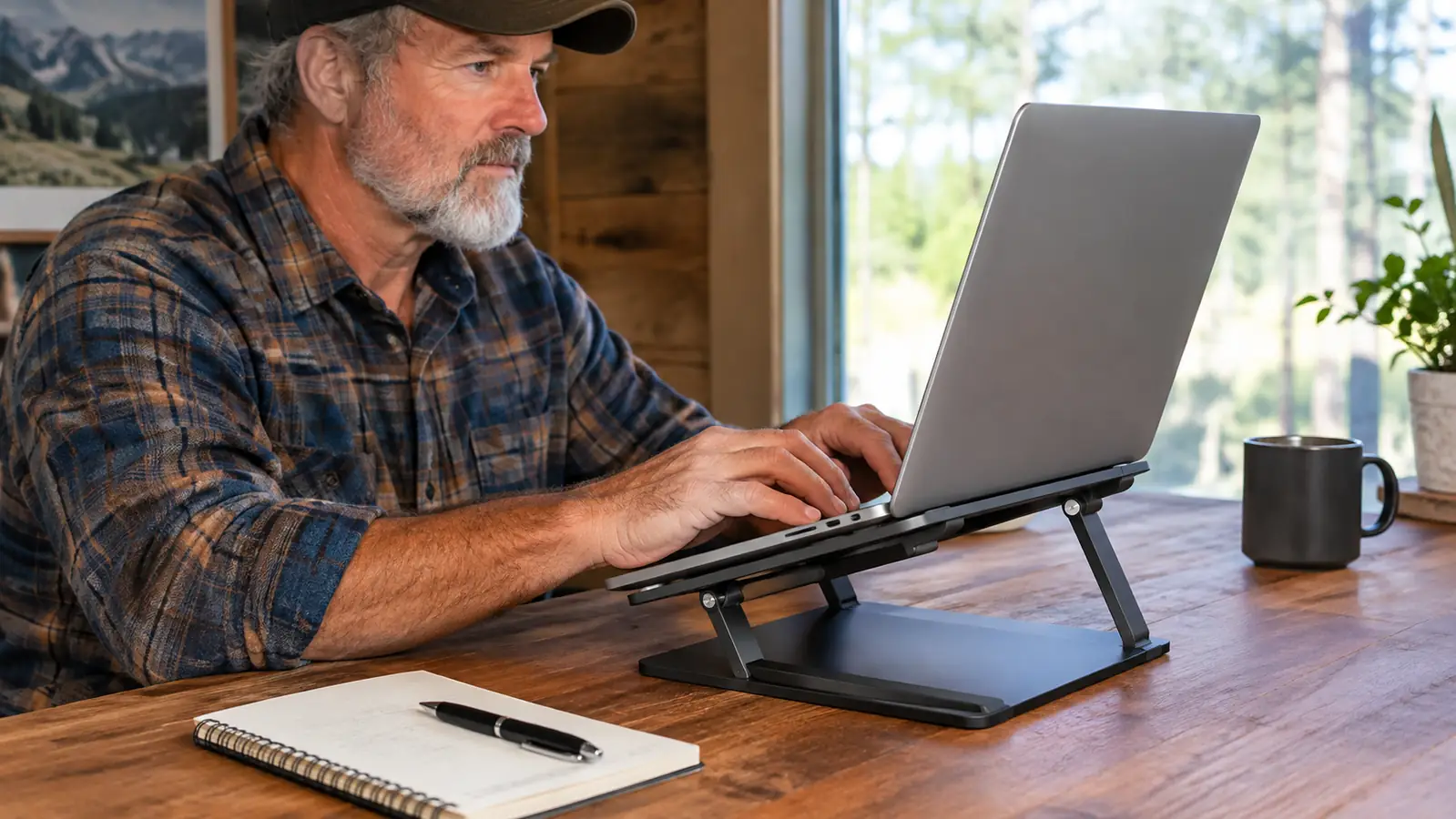 A laptop raised on a laptop stand beside a notebook and pen on a wooden desk