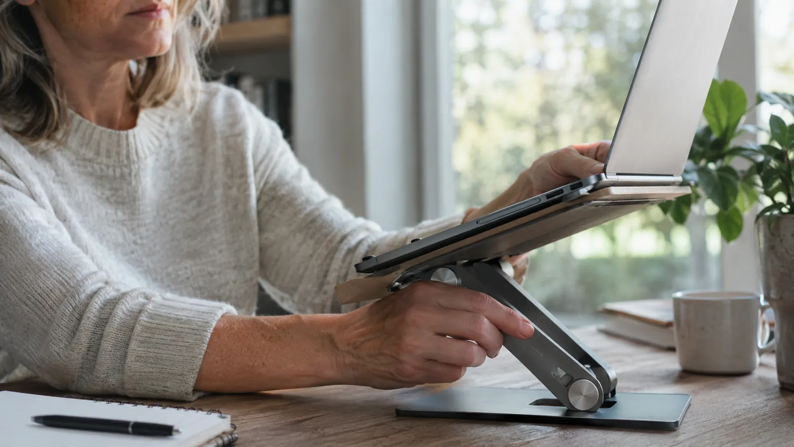 A woman in her fifties adjusting the angle of a laptop stand with one hand while she types with the other