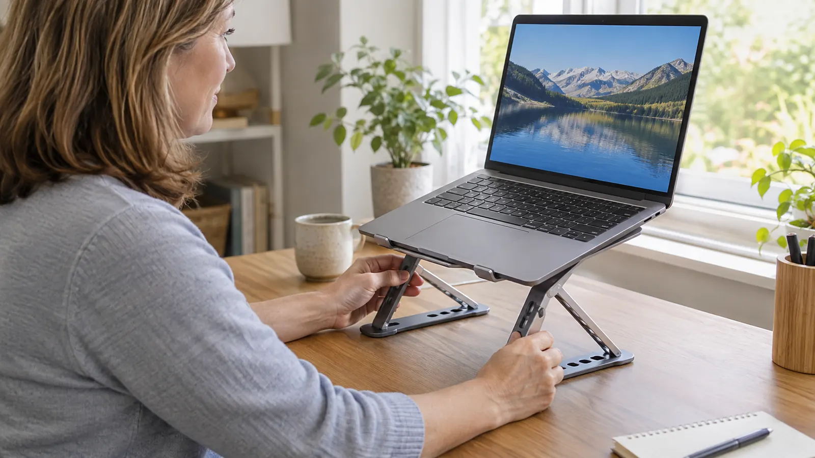 Close view of a woman's hands adjusting the height of a foldable laptop stand beneath a laptop on a desk