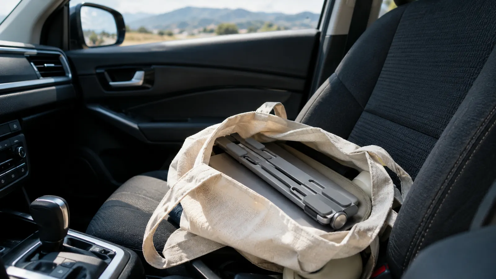 Foldable laptop stand folded flat in an open tote bag on the passenger seat of a compact SUV