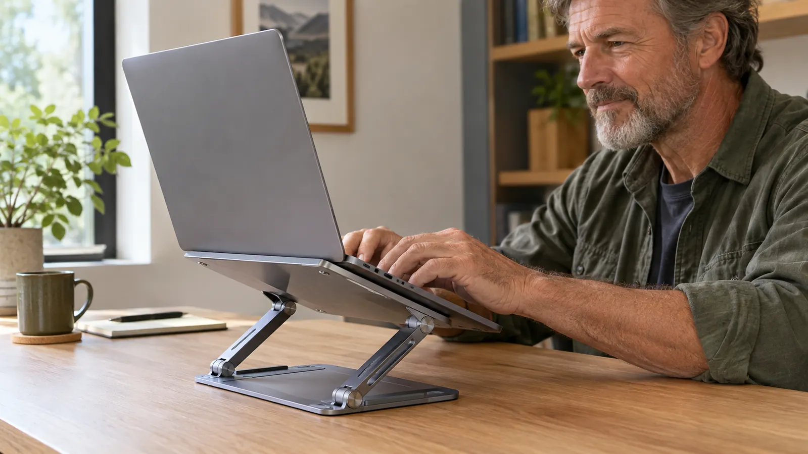 A laptop on a raised laptop stand on a desk beside a keyboard and a mouse