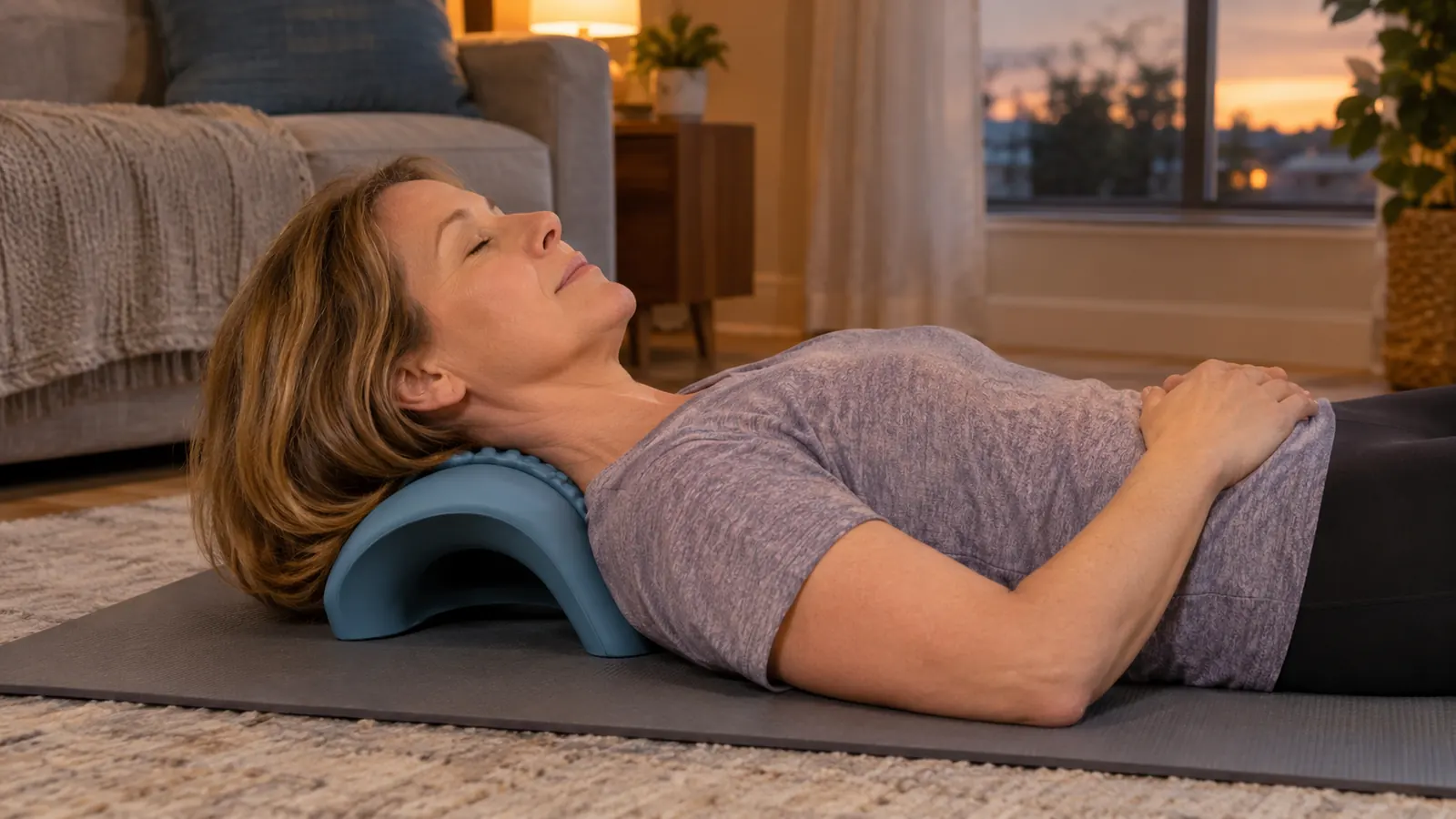 Woman in her fifties lying on a yoga mat with the RESTCLOUD neck stretcher under her neck, eyes closed, relaxed