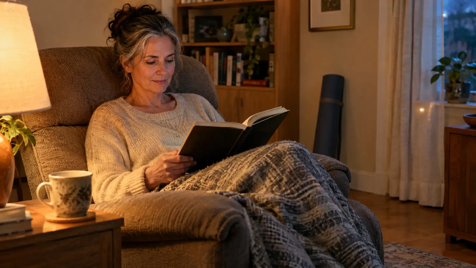 Woman in her fifties relaxing in a recliner in the evening, reading, a rolled yoga mat nearby