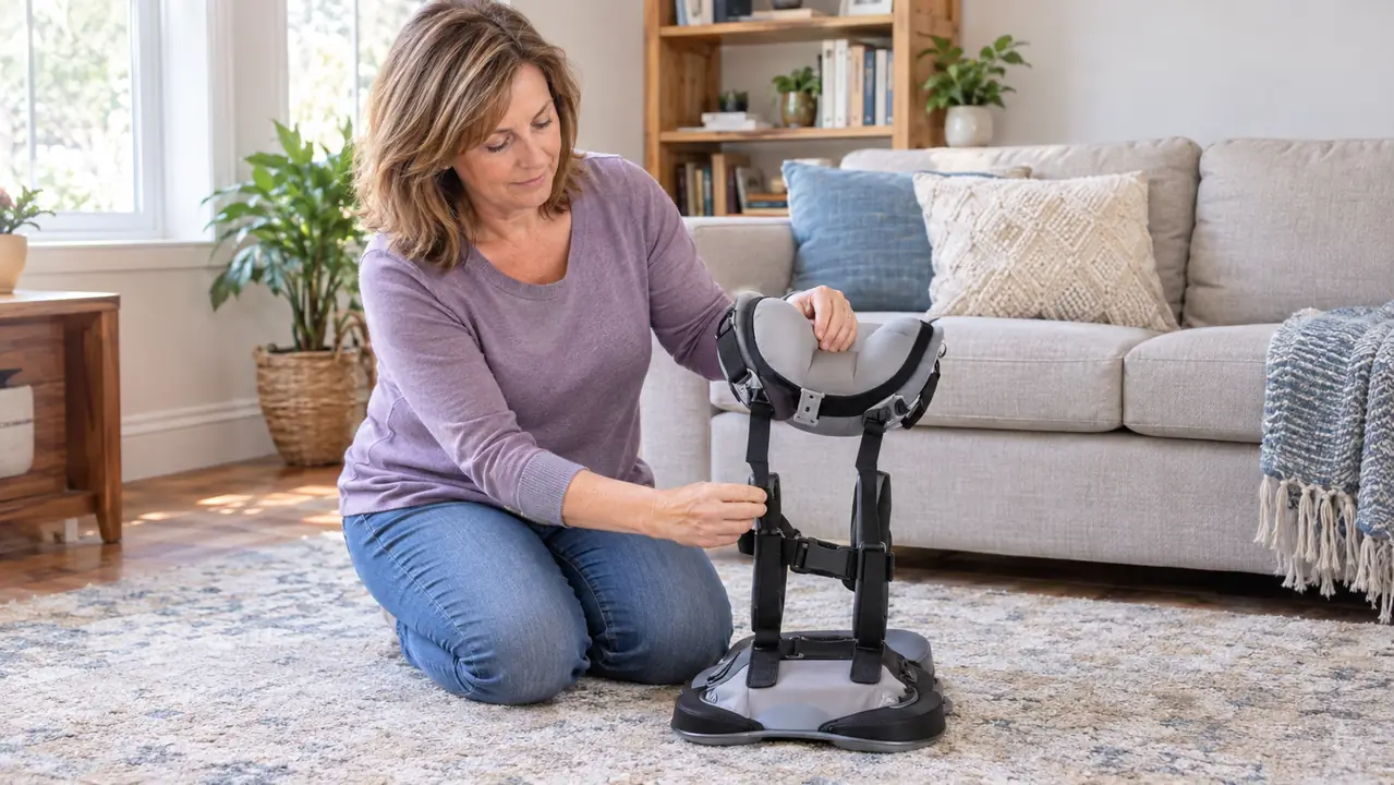 A woman in her fifties adjusting the cervical traction device on a rug, checking the position before lying down