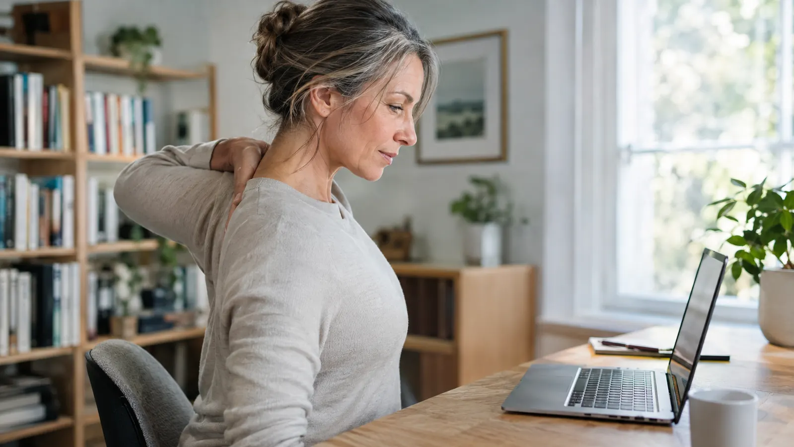 A woman in her fifties sitting at a desk with a laptop, doing a gentle chin tuck exercise, hand lightly on her upper back