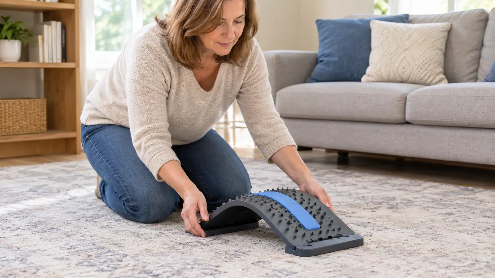 Woman in her fifties adjusting a neck stretcher on the floor before lying back
