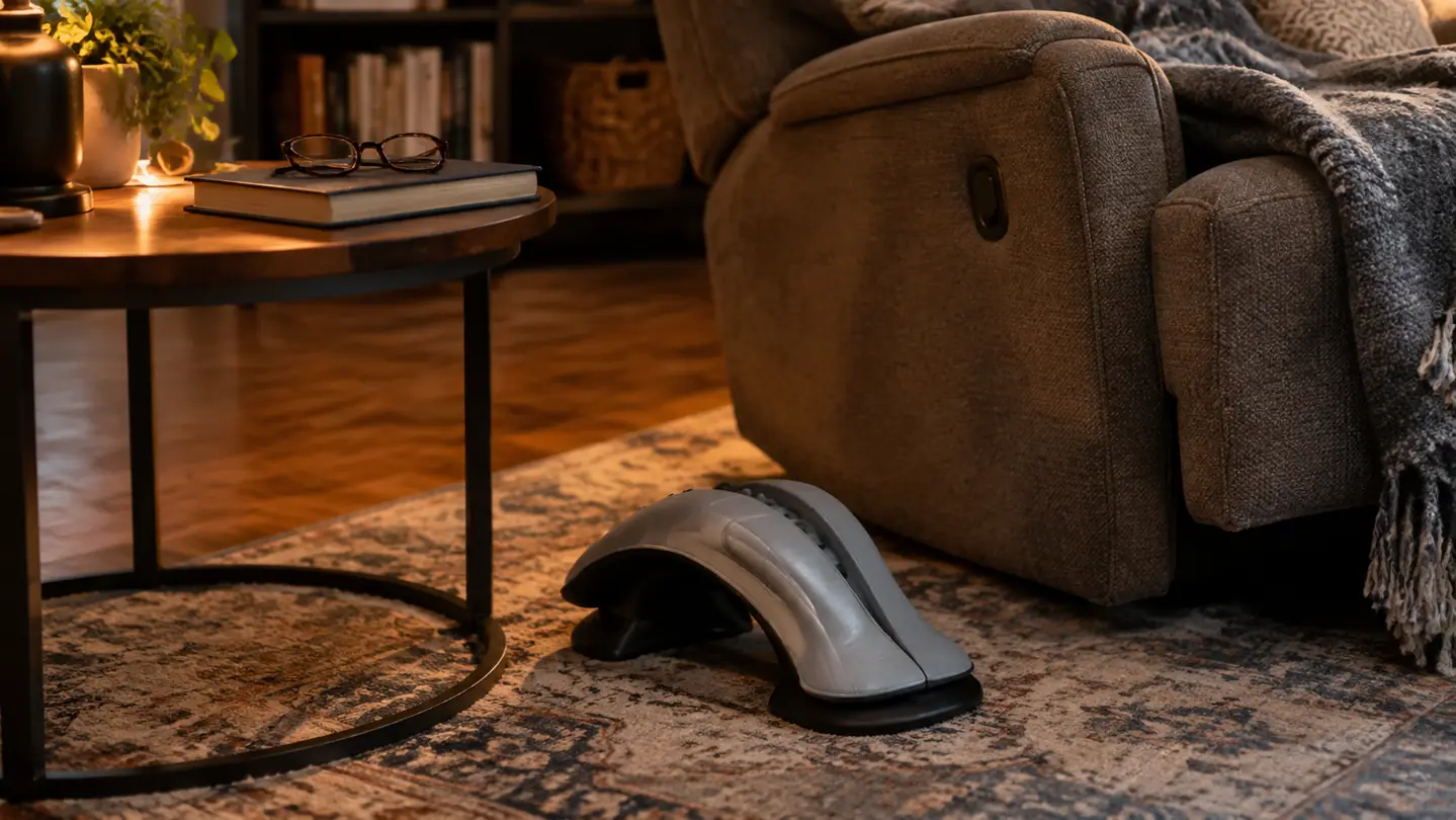 Neck stretcher resting on a rug beside a recliner in a living room, book and reading glasses on a side table