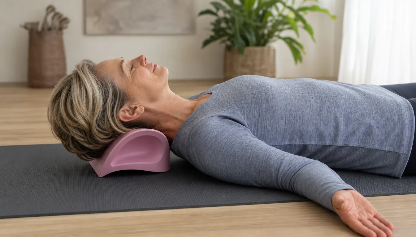 A woman in her fifties lying on a yoga mat with a neck stretcher under her neck, eyes closed and hands relaxed at her sides