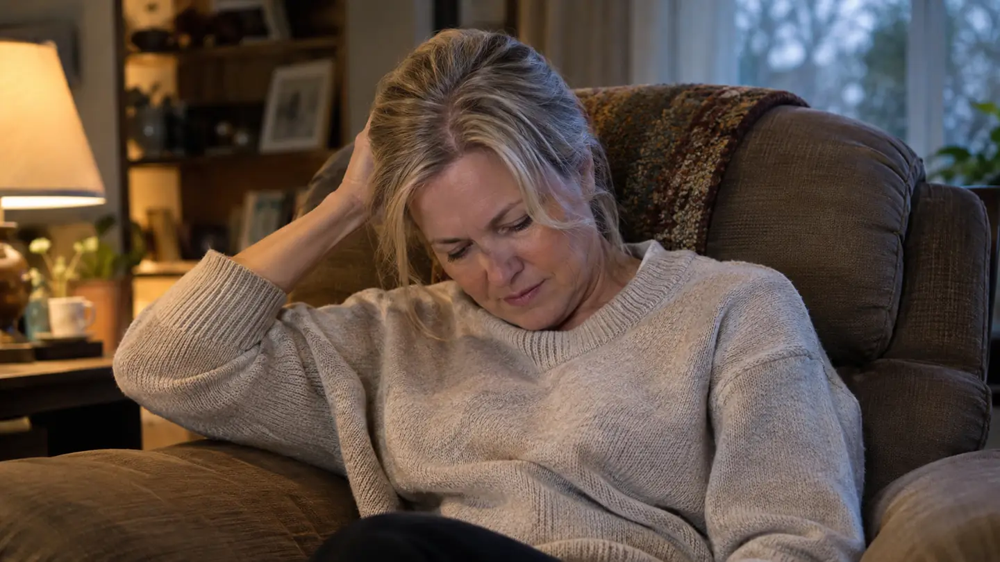 A woman in her fifties in a recliner gently pressing her chin toward her chest, quiet living room in evening light