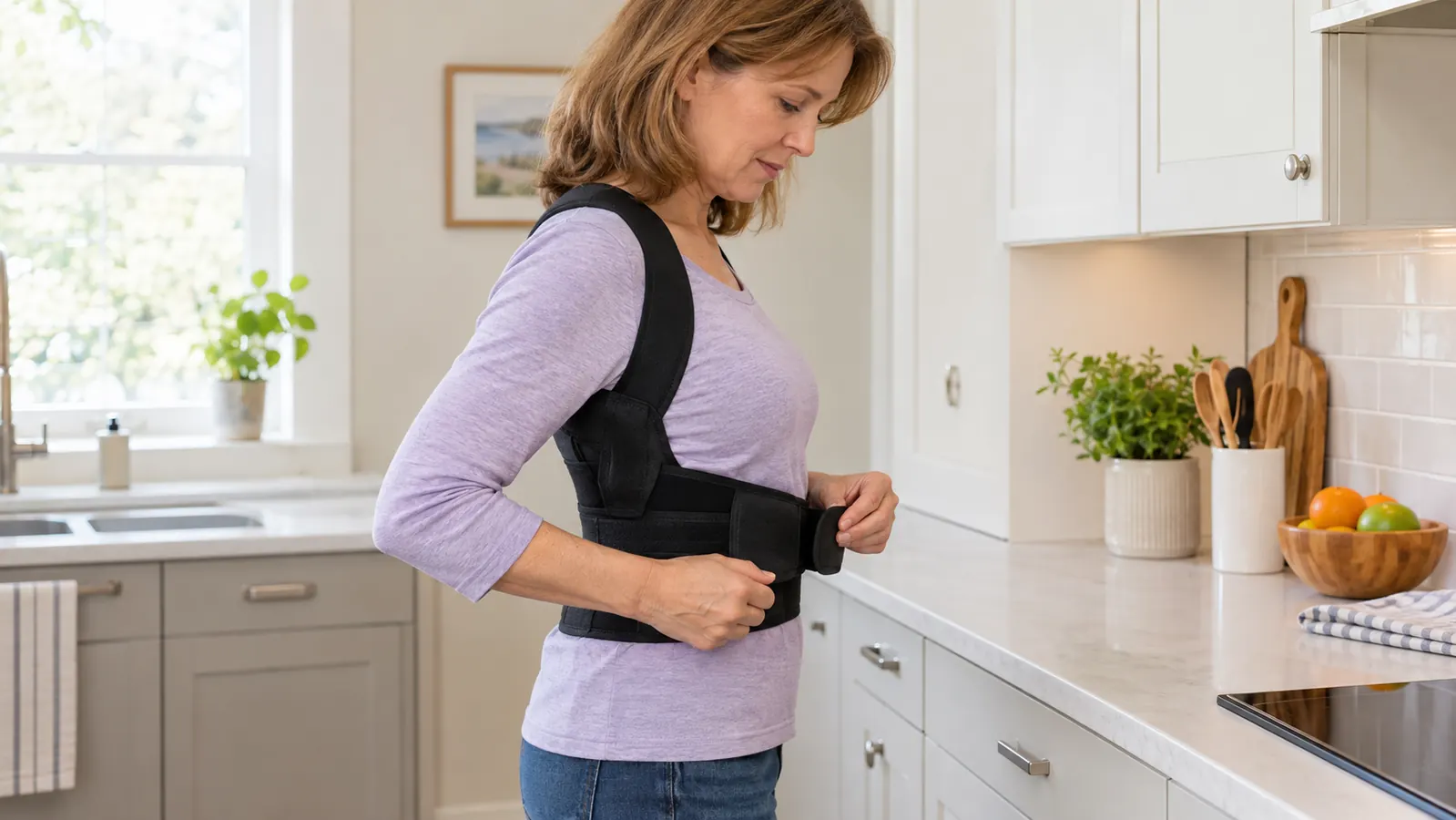 A woman in her fifties fastening an adjustable posture brace over her shirt while standing by a kitchen counter