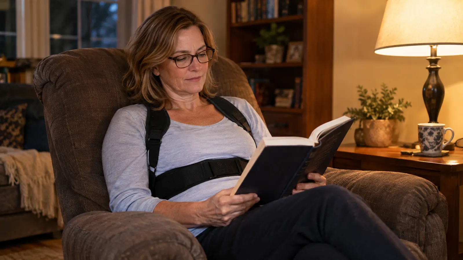 A woman in her fifties sitting in a recliner with a book, wearing a posture brace, evening lamp light
