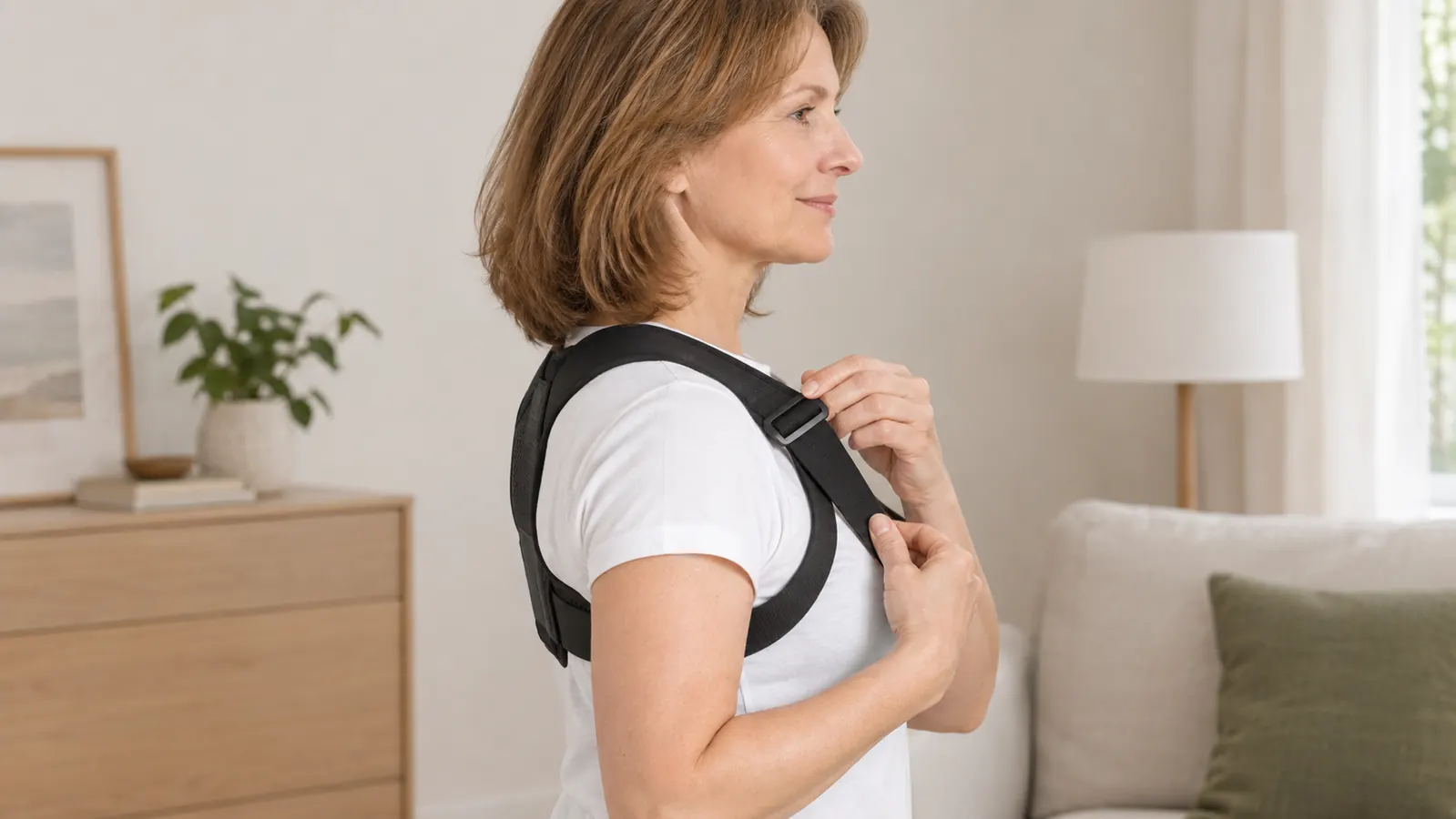 Close view of a posture corrector being adjusted over a woman's shoulders