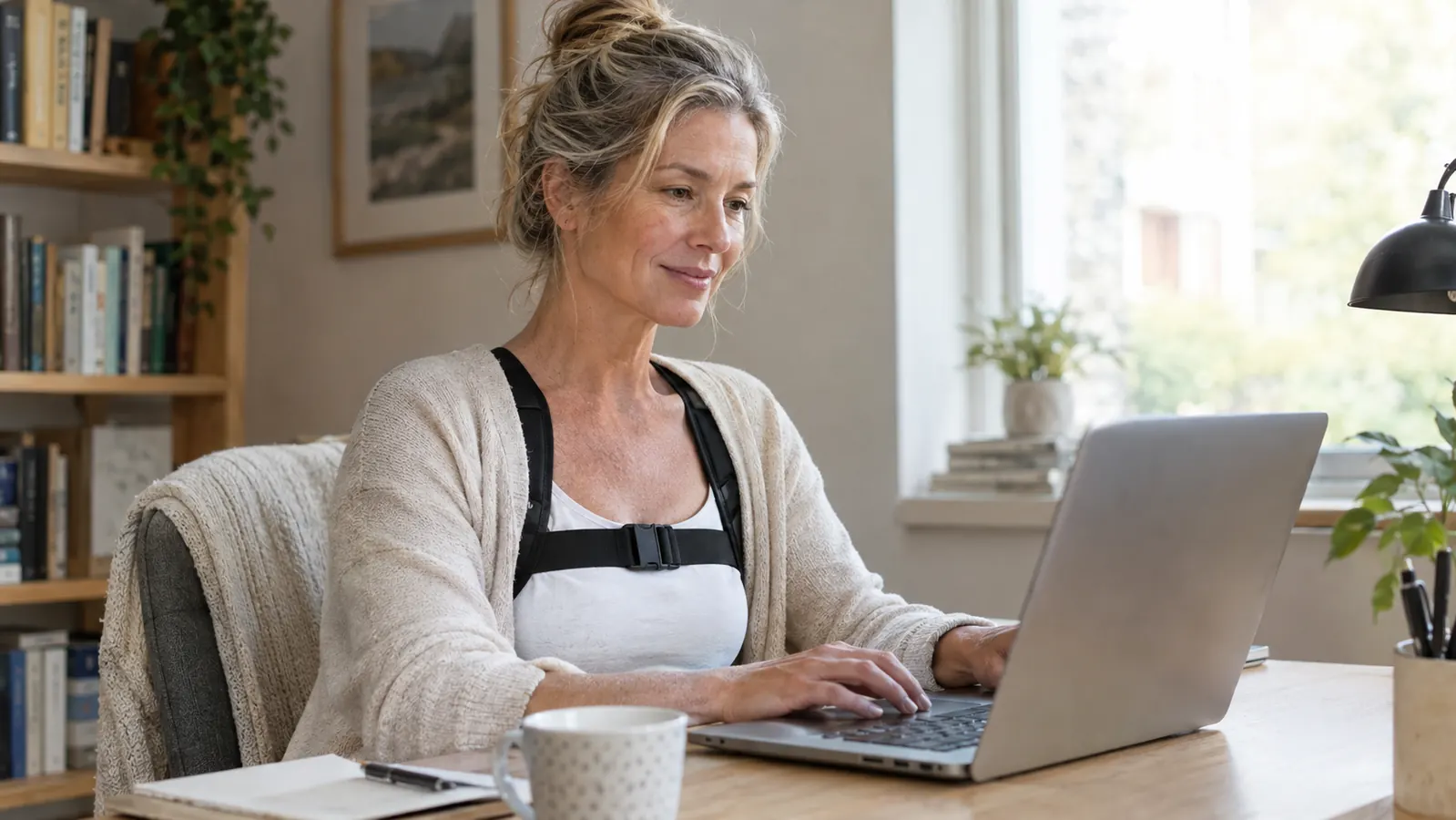 A woman in her fifties sitting at a desk with a laptop, wearing a posture corrector under a cardigan