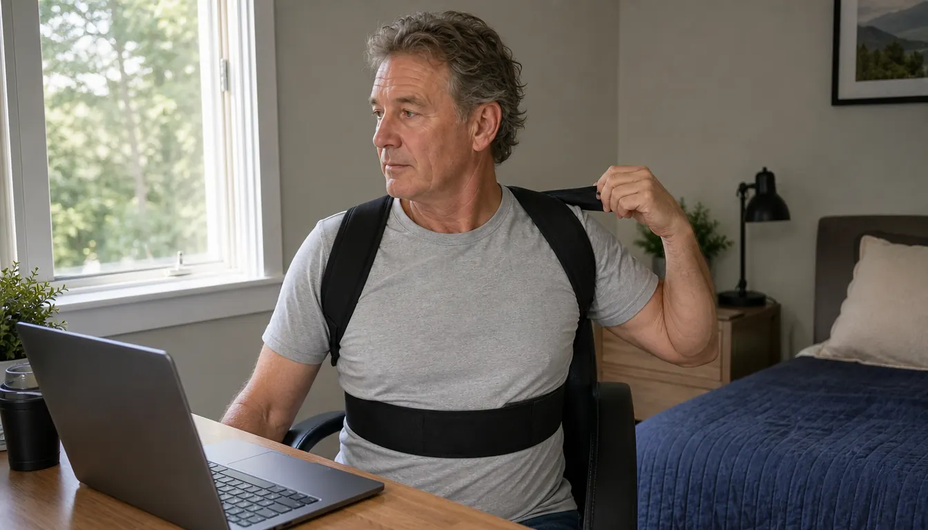 A woman in her fifties seated at a laptop desk in a small home office, reaching back to adjust the shoulder straps of a posture brace worn over a plain t-shirt