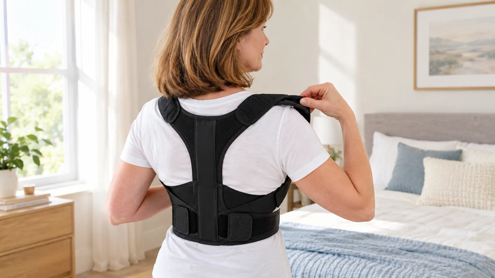 A woman in her fifties adjusting the shoulder straps of a posture corrector over a t-shirt before sitting down at her desk